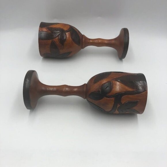 Vintage Hand Carved Wood Goblets Floral Design Collectible Set of 2 - Picture 4 of 12